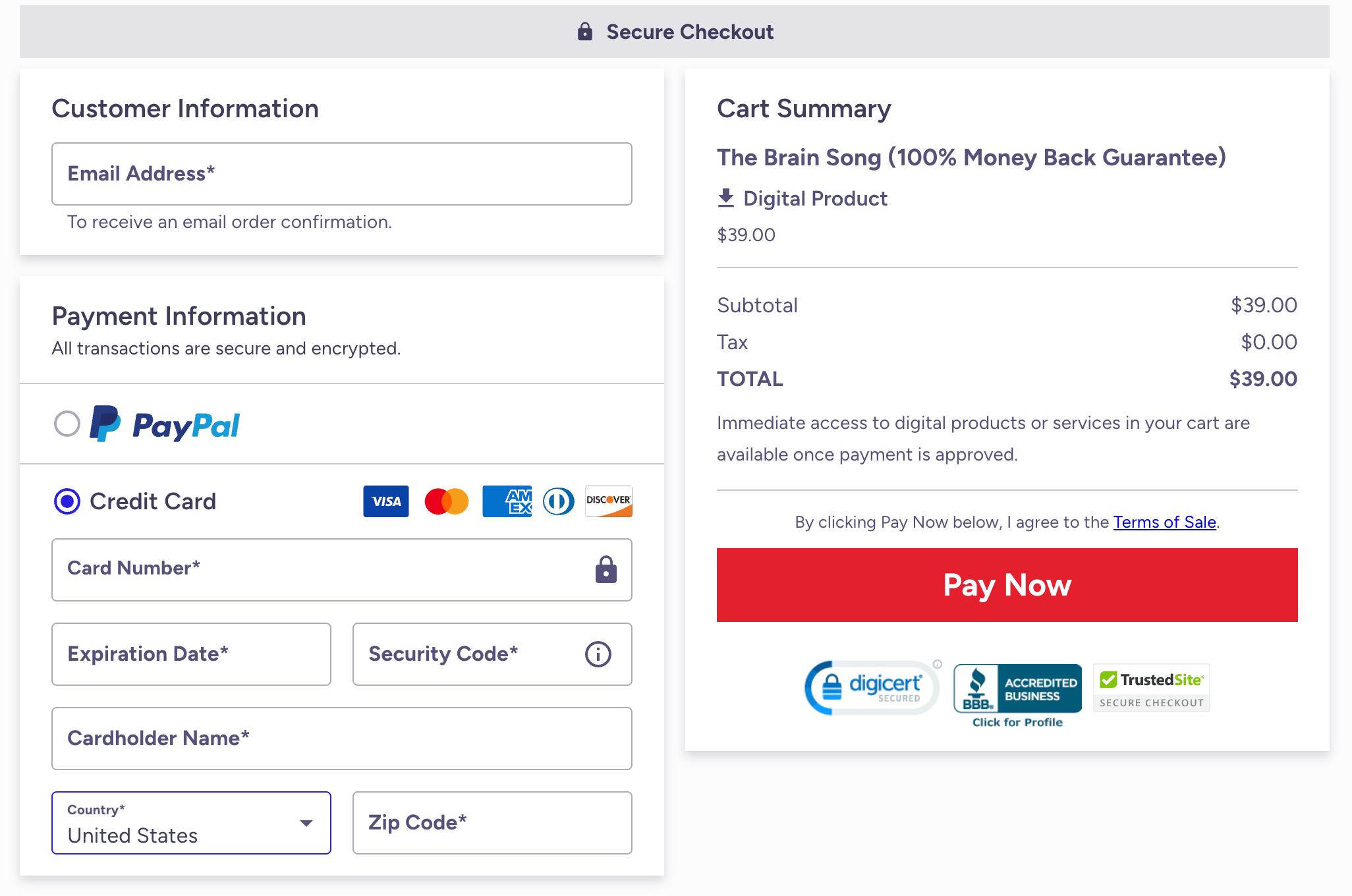 Secure checkout page for The Brain Song program